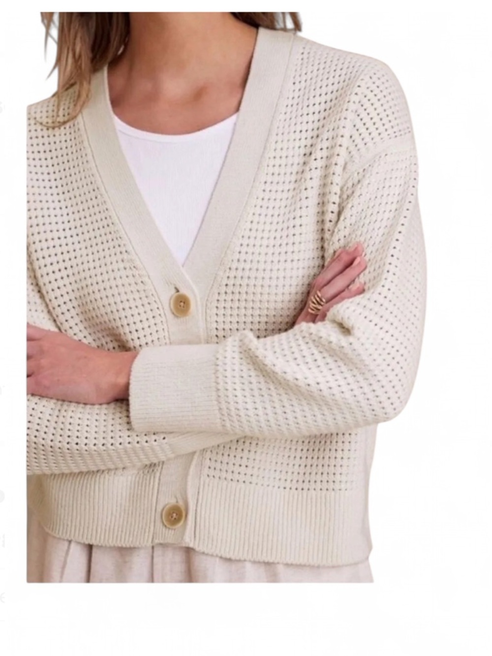 Banana Republic Cream Open-Knit V-Neck Button Front Cardigan